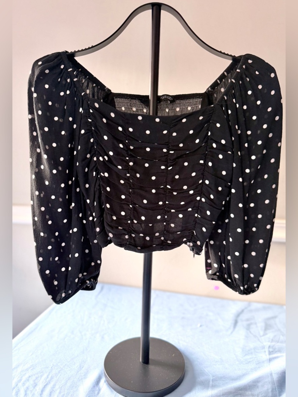 Zara Polka Dot Ruched Crop Top Size S Black Sheer Puff Sleeve Whimsigoth